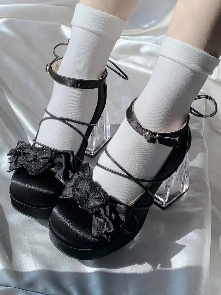- PU Mary Floral Janes Black Block Accent in Bow Heel High Leather