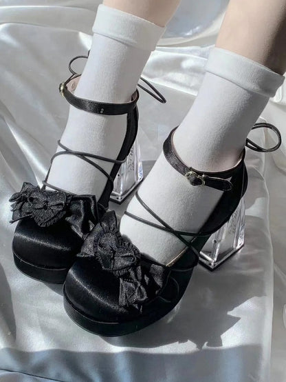 - PU Mary Floral Janes Black Block Accent in Bow Heel High Leather