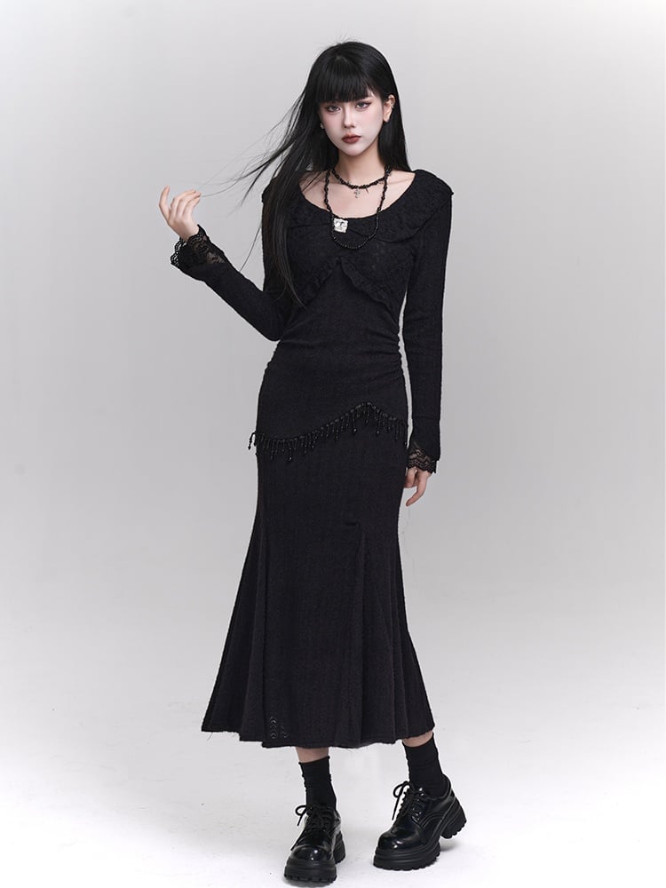 Black Round Neck Bead Details Slim-fitting Mermaid Dress