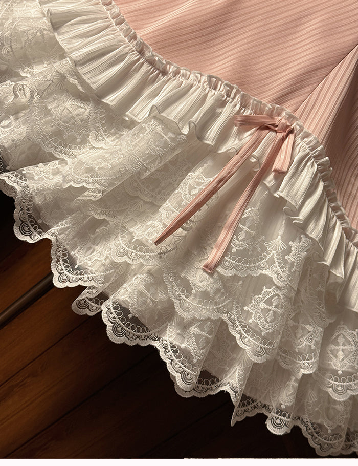 White Sleeveless Pink Dress Slim Striped Layered Neck Fabric Lolita Ruffle Sweet Waist Fit