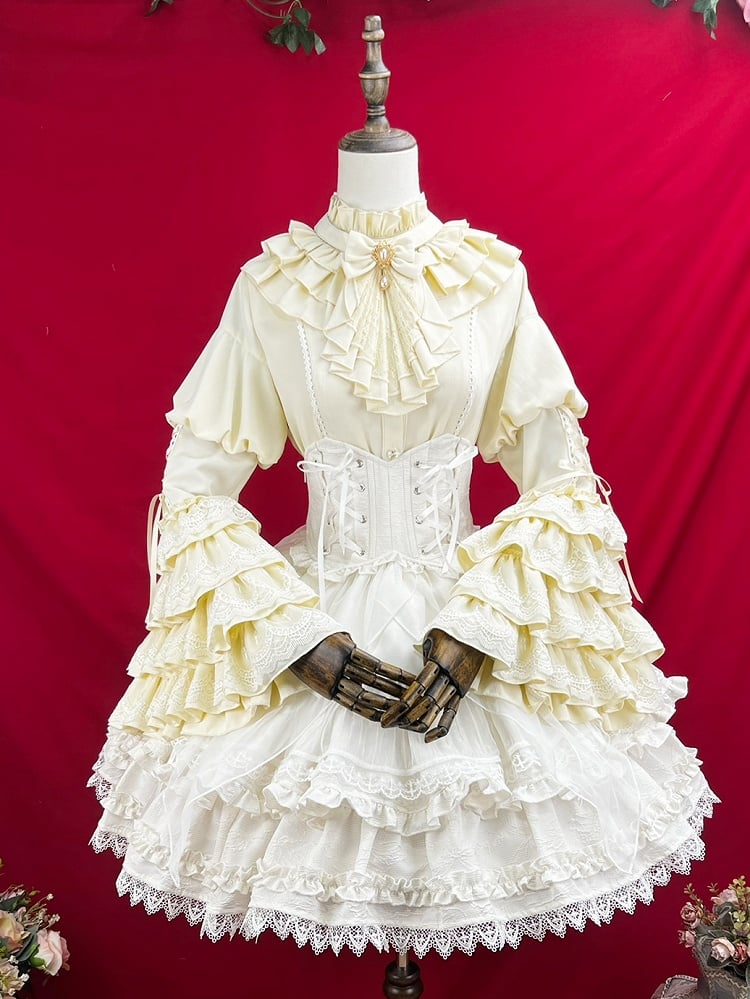 Gothic Lolita Krawattenhalsausschnitt Mehrlagige Rüschen Jabot-Ärmel Glocken-Apricot mit Hemd