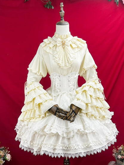 Gothic Lolita Tie Neckline Layered Ruffle Jabot Sleeves Bell Apricot with Shirt