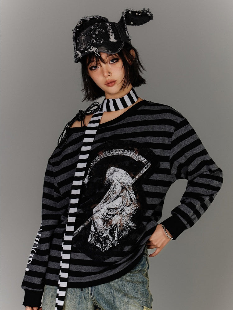 Schwarz-graues Streifen-Applikationsdesign, asymmetrischer Ausschnitt, Kordelzug, Punk-Top