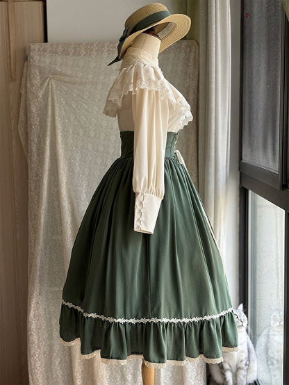 Green Boned High Waist Elegant Classic Lolita Skirt with Lace Trim