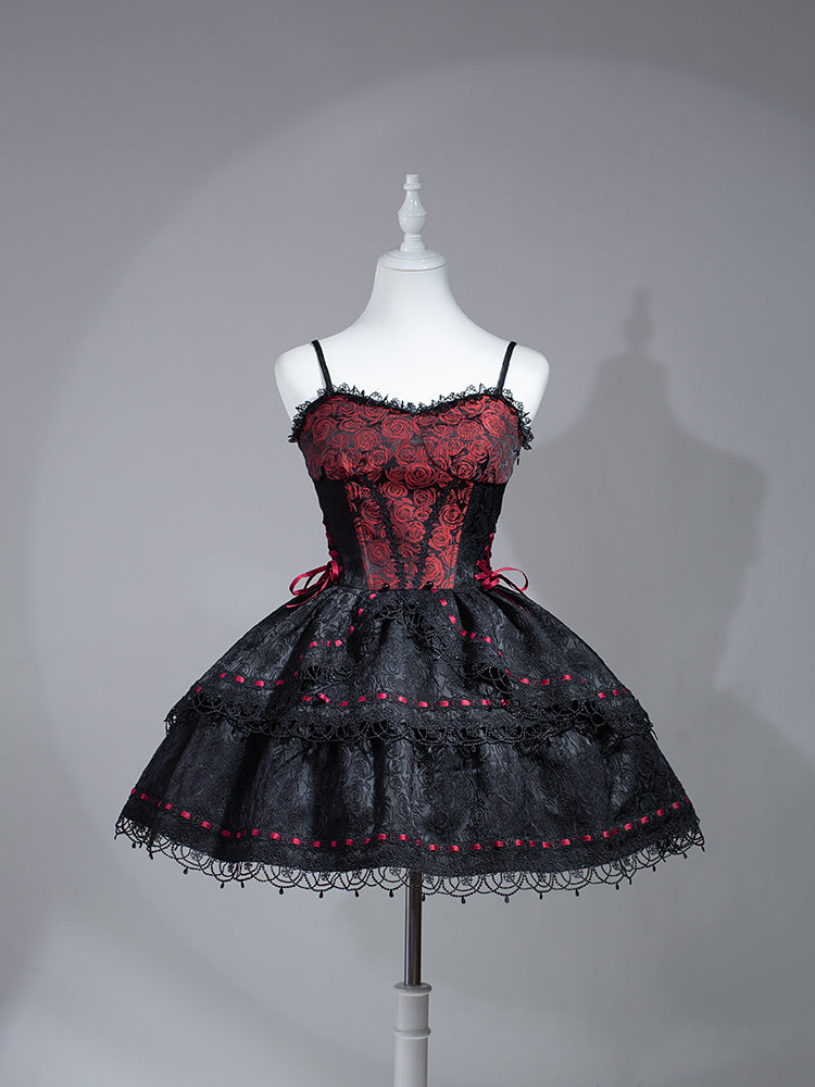 Black & Red Rose Beaded Chain Gothic Lolita Puffy Dress Jumper Skirt