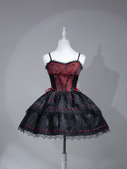 Black & Red Rose Beaded Chain Gothic Lolita Puffy Dress Jumper Skirt