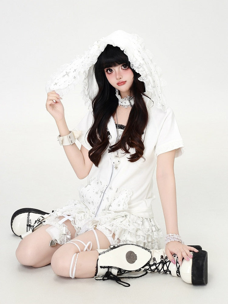 White Bunny Ear Crop Top with Lace - CRAZY GIRL