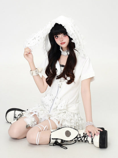 White Bunny Ear Crop Top with Lace - CRAZY GIRL