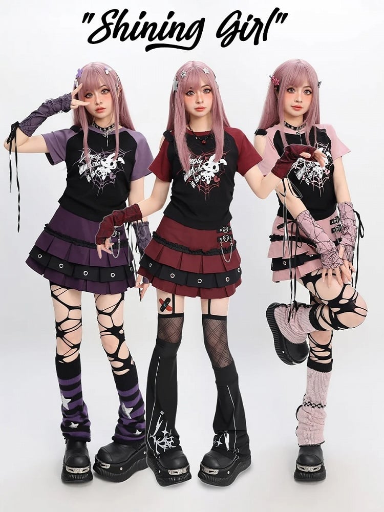 レッド/ピンク/パープルのTシャツプリントスリーブ付きY2Kカットアウトショルダースパイダーウェブ