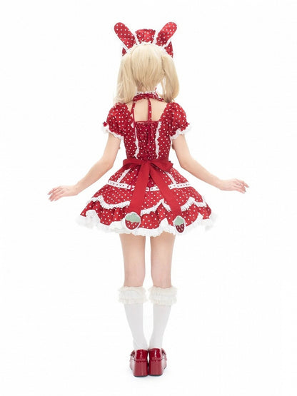 Hairband Retro Themed with Bow Dress Strawberry Ear + Bunny Details OP Polka Lolita Lace Red and Dot