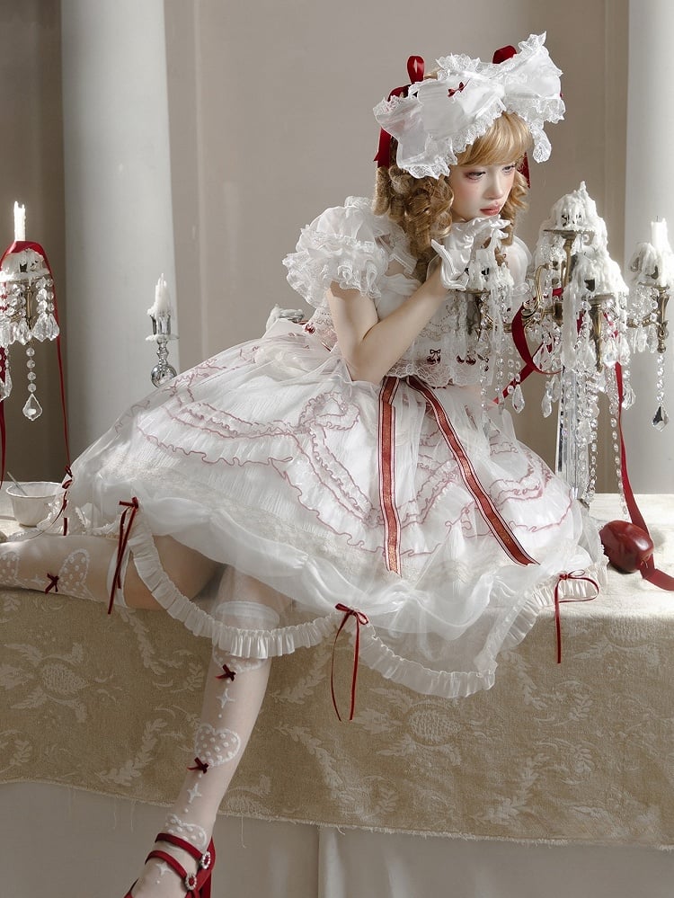 Bowknots Scalloped Red White Edge and Dress Cherry Lolita Embroidered with Overlay Trim Hime