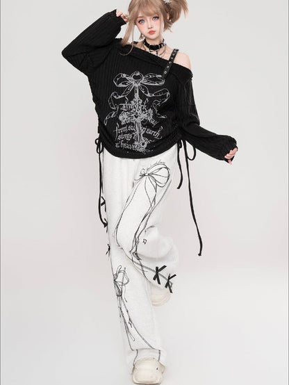 Schwarz/Hellgraue Jogginghose mit Schleife und geradem Bein