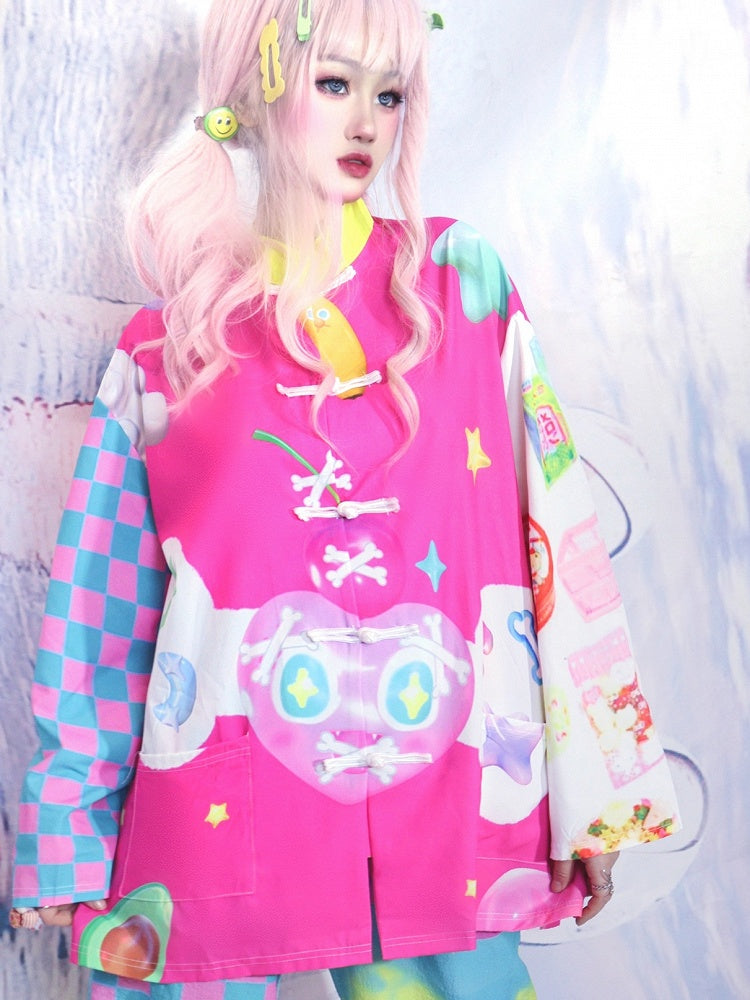 Bone Star 6 Shirt Print Y2K Checked Pattern And Colorful Heart