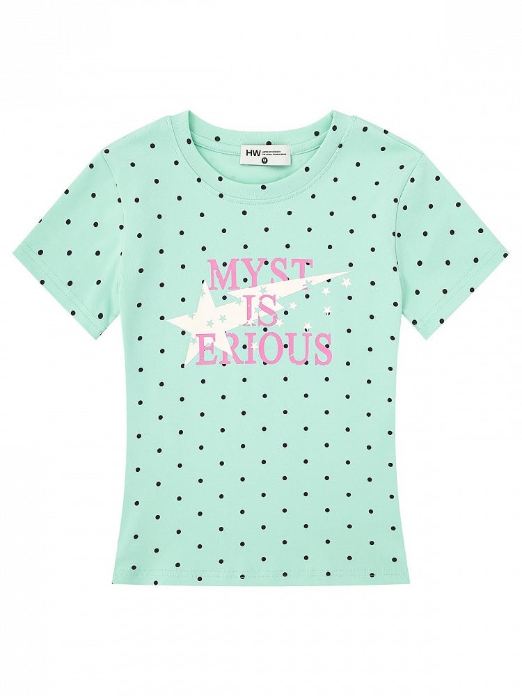 Light Green Fitted Tee with Polka Dot & Letter Print - Languid Park