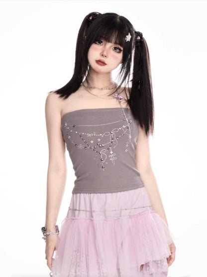 グレーのラインストーンディテールのビーズネックレス ストラップレストップ