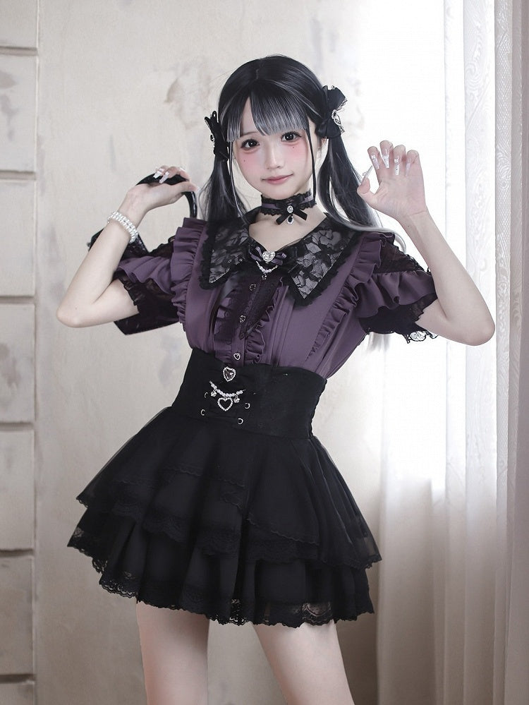 Jirai Kei Purple Lace Cutout Shoulder Short Sleeve Blouse with Ruffle Details - Ekomi