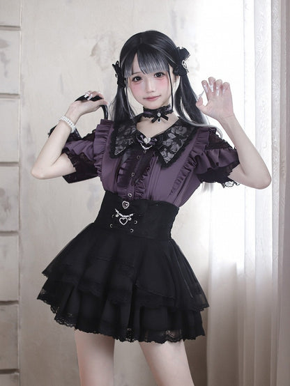 Jirai Kei Purple Lace Cutout Shoulder Short Sleeve Blouse with Ruffle Details - Ekomi