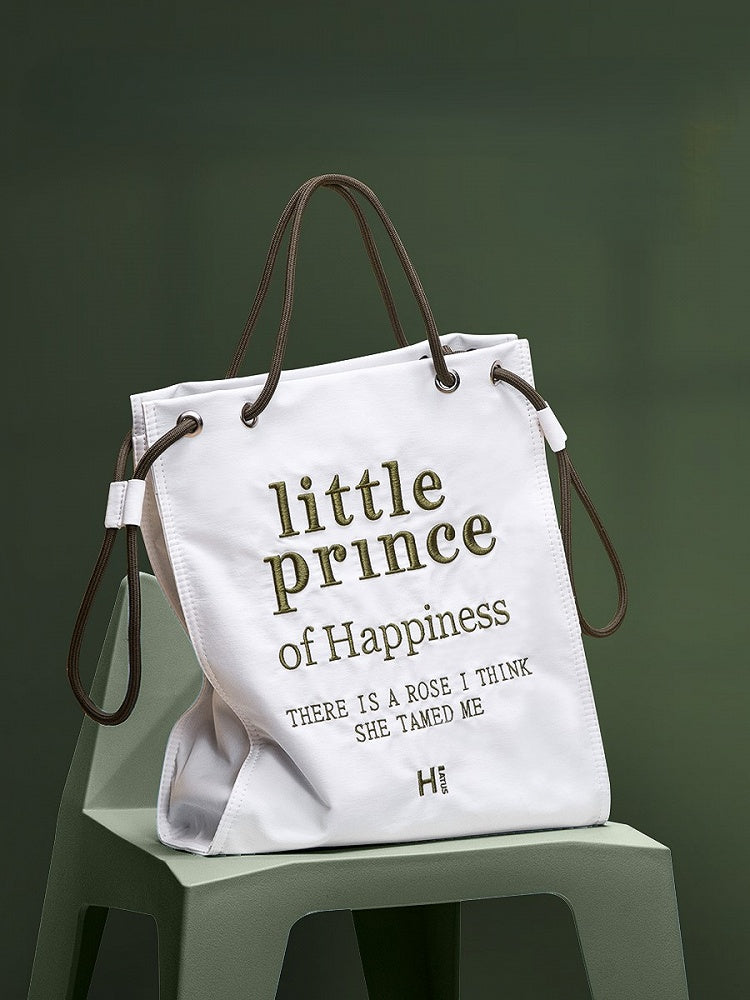 Tote Bag with Zipper Closure And Drawstring Strap Chic White  Green Alphabet Embroidery