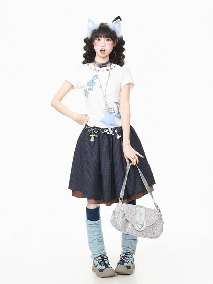 Kawaii White Slim Crewneck Tee with Music Note Embroidery and Button Accents - Languid Park