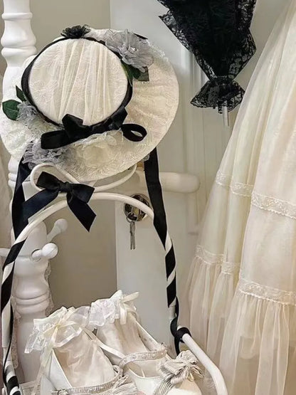 Elegant / Hat Lolita Floral Design Beige Black