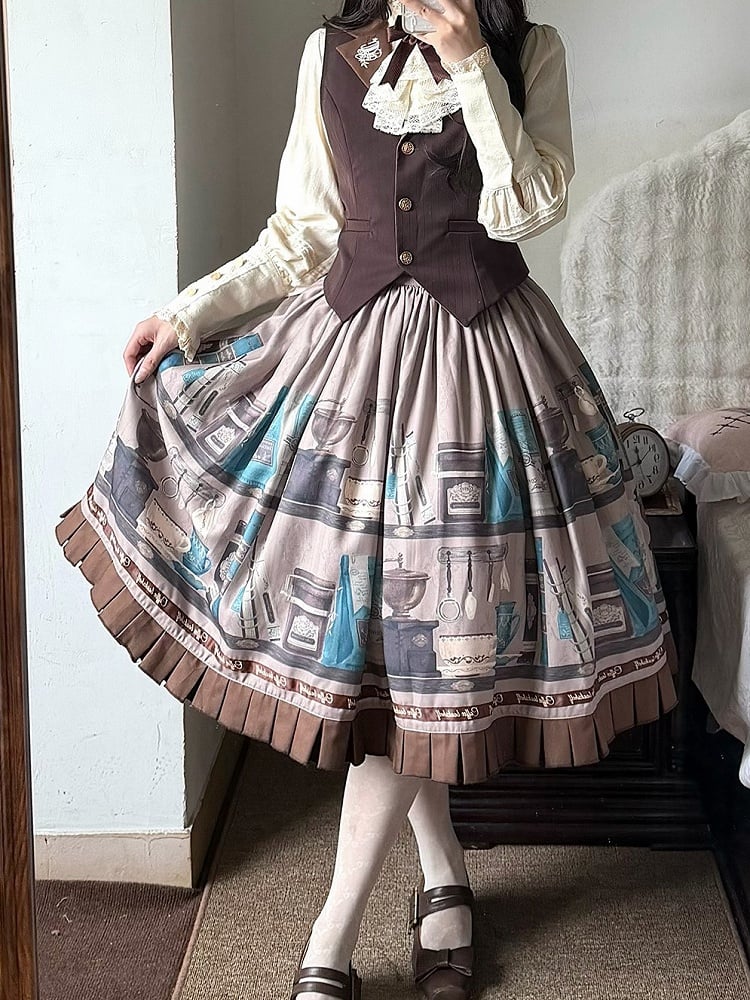 Gray Brown Coffee Cup Bookshelf Print Elegant Skirt Ruffled Hem - Dream Whale