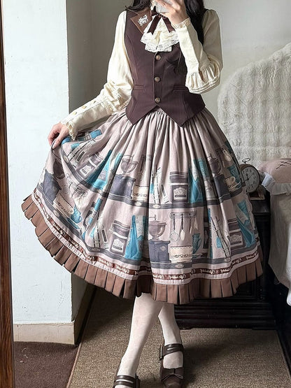 Gray Brown Coffee Cup Bookshelf Print Elegant Skirt Ruffled Hem - Dream Whale