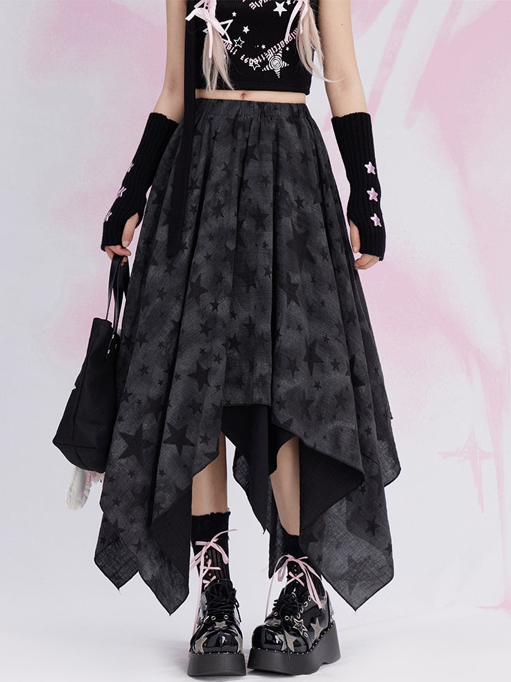 Black Y2K Stars Handkerchief Hem Skirt