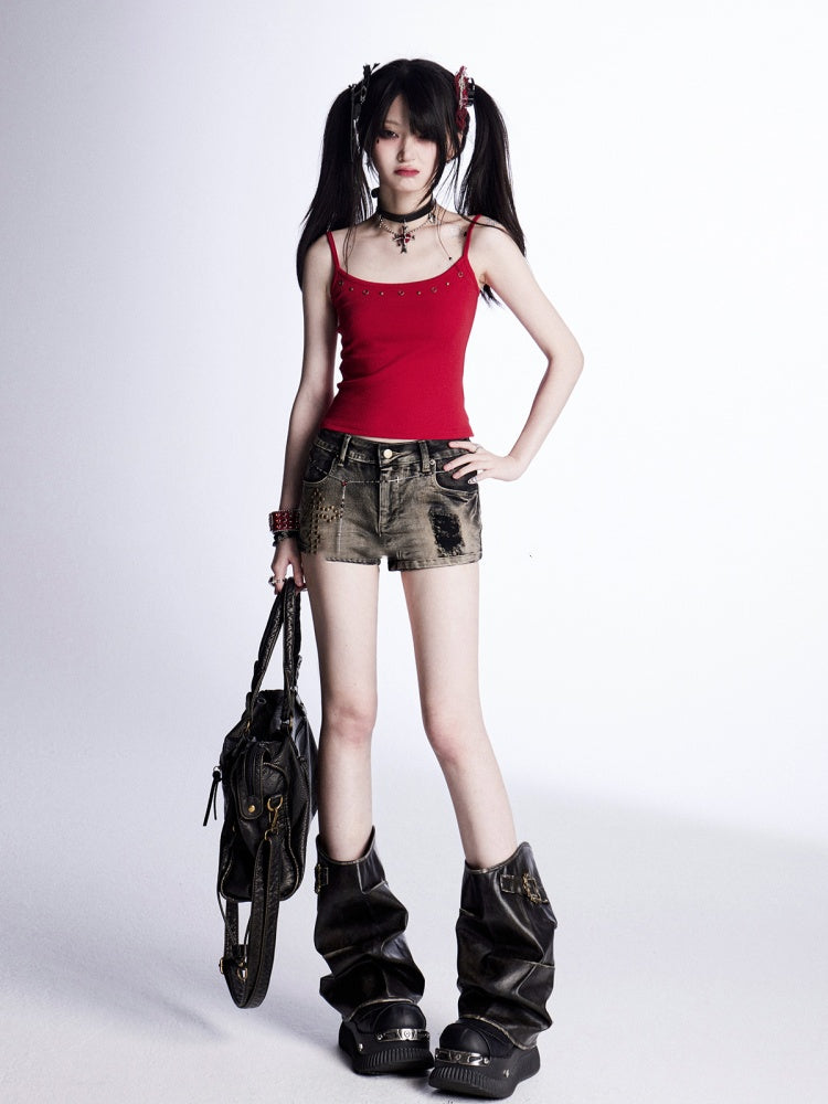 Glamorous Denim Shorts Taille Kreuz Nieten Distressed Schwarz Niedrig