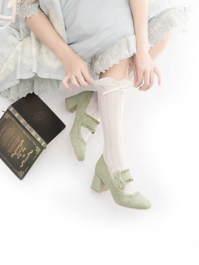 Lace High with Bow Green Block Heels Scalloped Sweet Fit - Slip-In Design Hem Accents Lolita