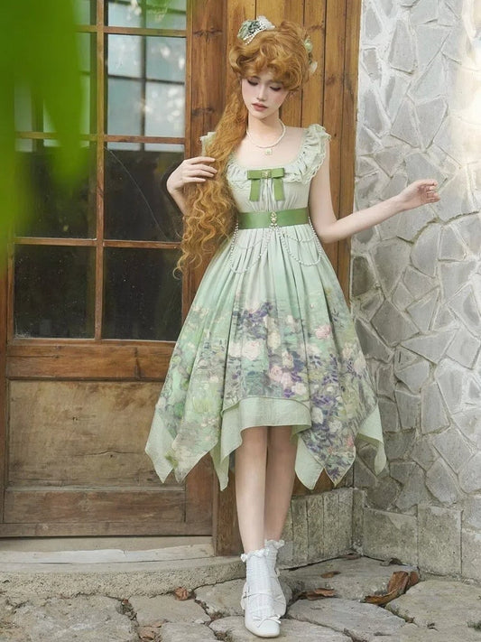 Hem JSK Set Painting Waist Print Handkerchief Lolita Roses Green Empire Oil