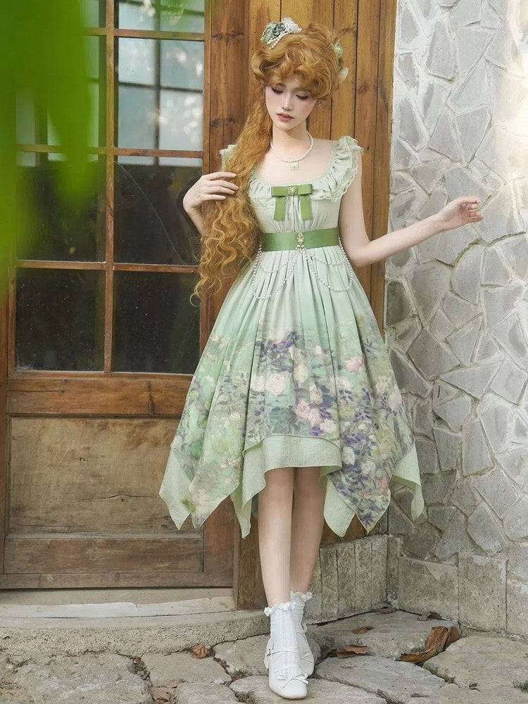 Waist Jumper Oil Hem Handkerchief Skirt Lolita Print Empire Green Painting