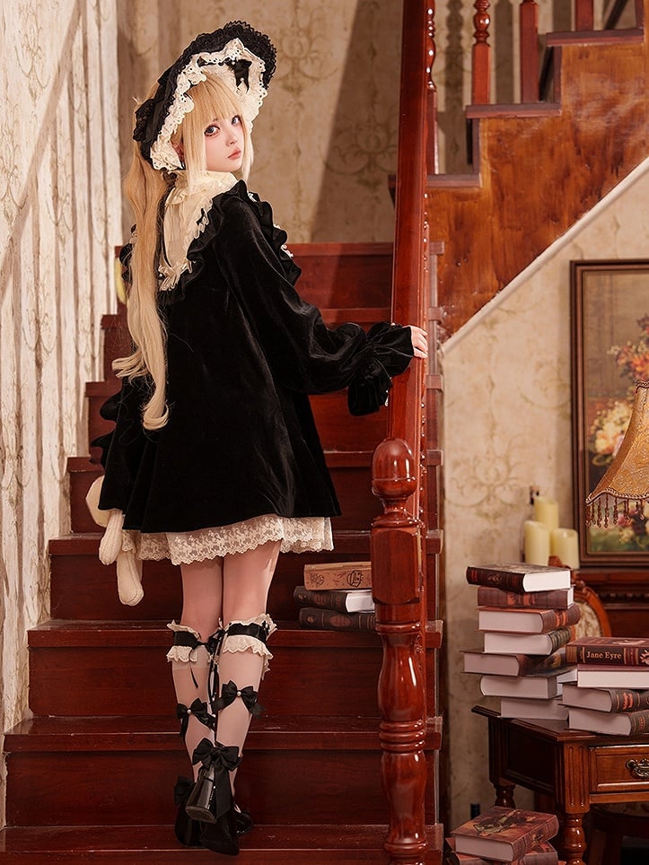 Lolita Lange Hohe Samt Ärmel Rüschen Kleid Süße Hals Schwarz Schleife