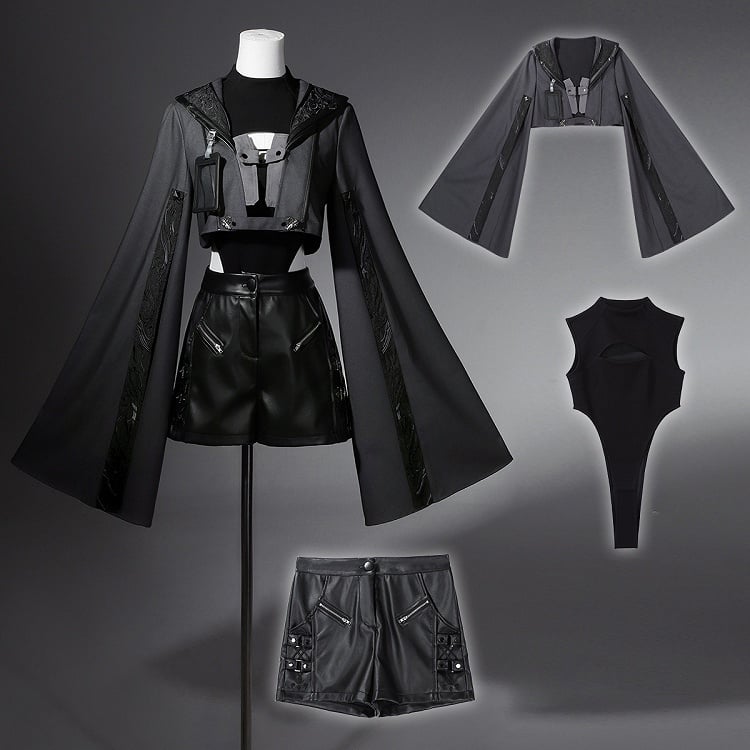 Ärmel XL Überlang Ouji Bodysuit Größe Leder Exklusiv + Futuristische Shorts Outfit Techwear Schwarze Jacke Cropped Lolita -