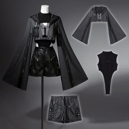 Ärmel XL Überlang Ouji Bodysuit Größe Leder Exklusiv + Futuristische Shorts Outfit Techwear Schwarze Jacke Cropped Lolita -