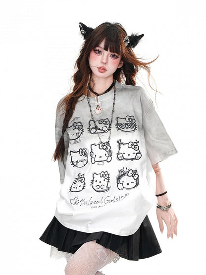Gradient Gray Round Neck Kitty Loose T-Shirt