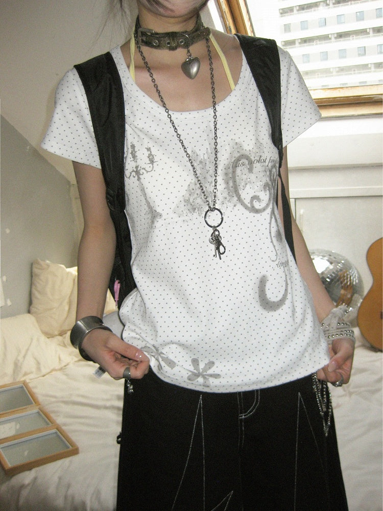 Candelabra Print White Polka Dot Round Neck Tee - innomoood