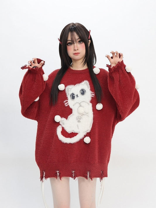 Daily Embellishments Neck Round Kawaii with Red Sweater Pom-pom