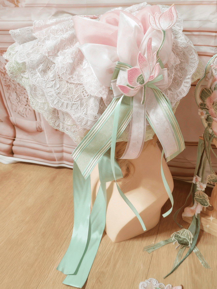 Lolita Embroidery Lotus Lace Hat Pink-Green Flat