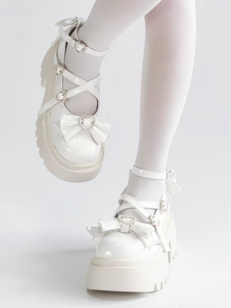 White Platform High Heels with Heart Buckle and Bow - Rainie Dream
