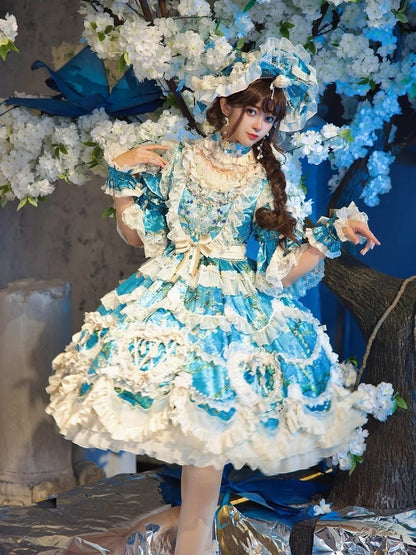 Floral Blue Edge with Hem Lolita Dress Print Scalloped Hime Lace