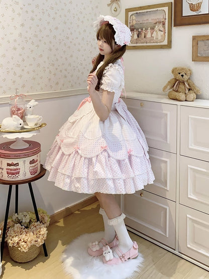 Lolita Jumper School White Pattern Pink Skirt Dress Polka Dots Old Stripes and