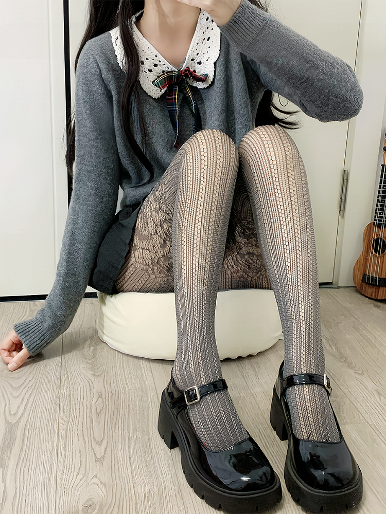 Black Y2K Lace Details Hollow-out Tights