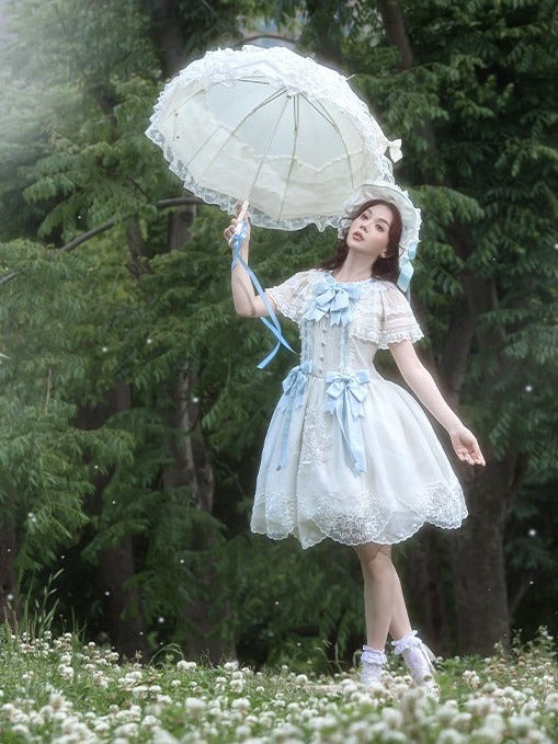 White Flutter Sleeve Lolita Dress with Bows and Scallop Trim