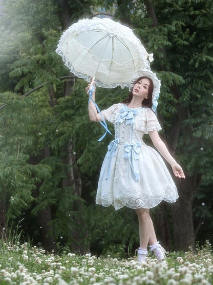 White Flutter Sleeve Lolita Dress with Bows and Scallop Trim