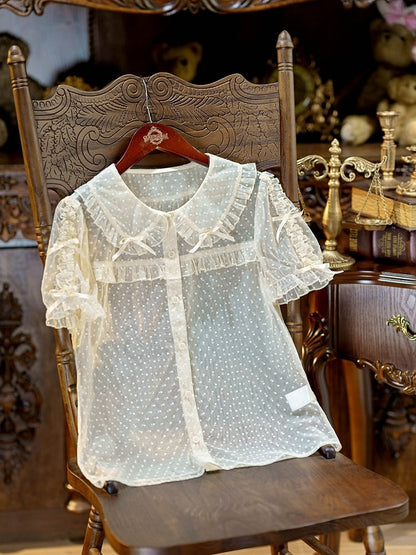 Apricot Peter Pan Collar Polka Dot Sheer Tulle Blouse - Dream Magic Box