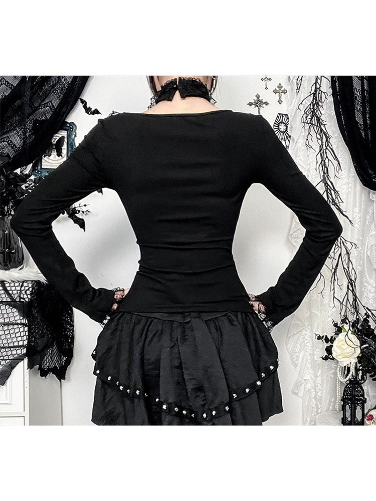 Long Top Black Choker with Sleeve Halloween Matching Lacing Lace D-Ring Gothic Trimmed