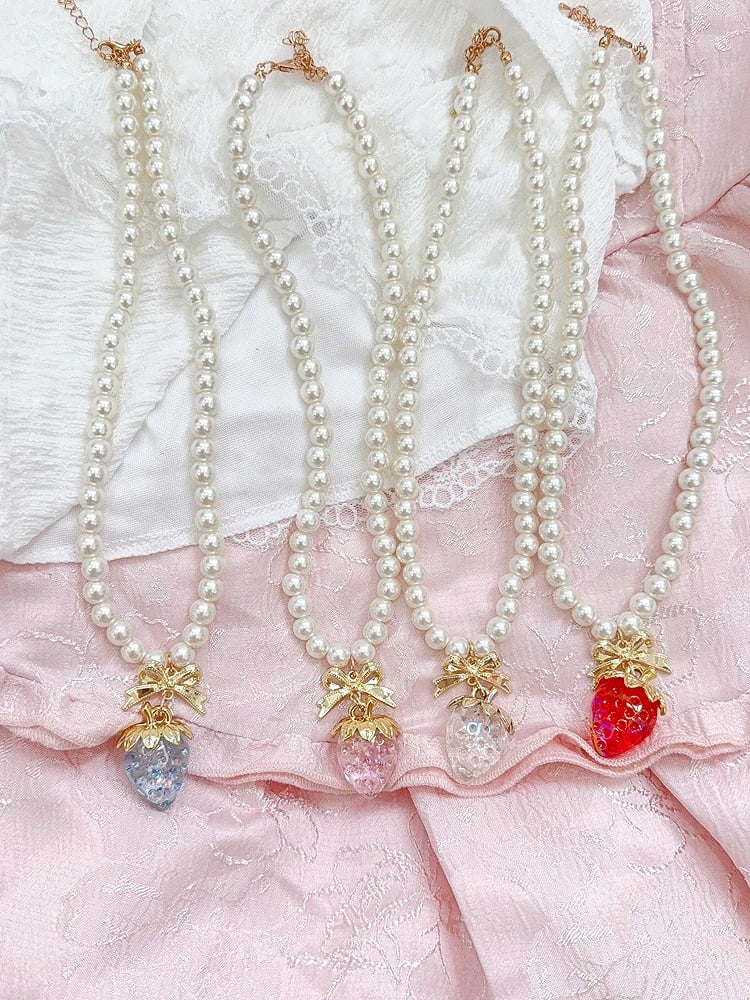 Sweet Necklace Charm Strawberry Beaded in Red/Pink/Blue/Transparent
