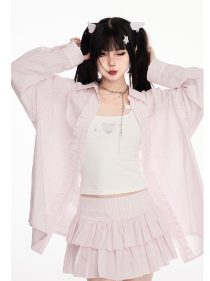 ウエストティアードストライプスカート ピンク ロー