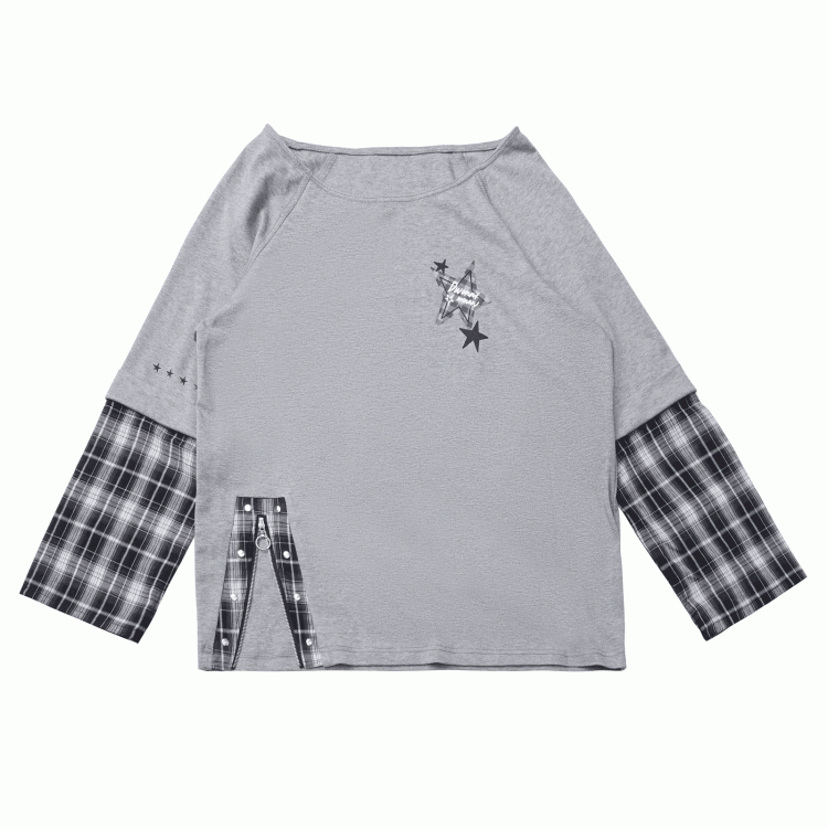 Detachable Grey Unisex Zipper Taste Studded Plaid Slit Aesthetic: with Oversized Sleeves Top
