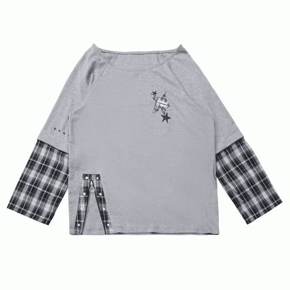 Detachable Grey Unisex Zipper Taste Studded Plaid Slit Aesthetic: with Oversized Sleeves Top